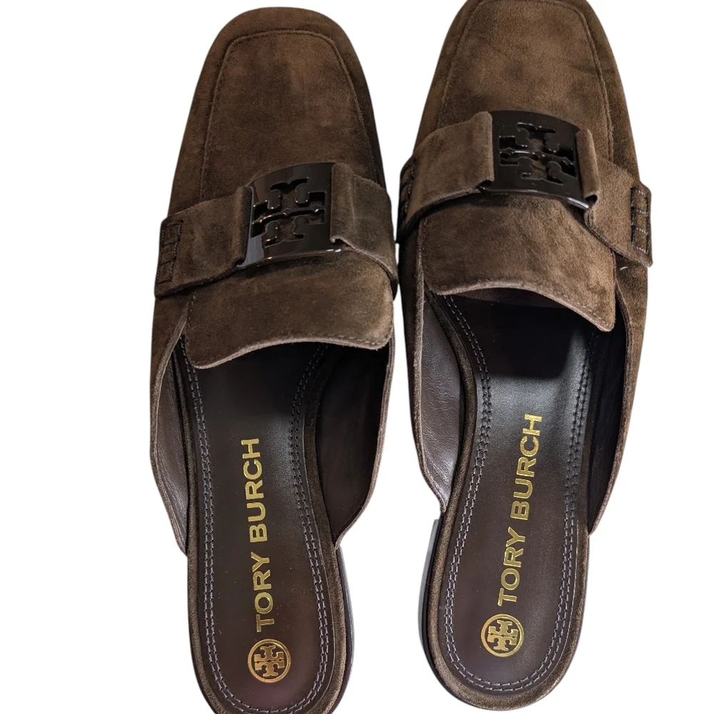 Tory Burch Brown Suede Logo Buckle Mules
